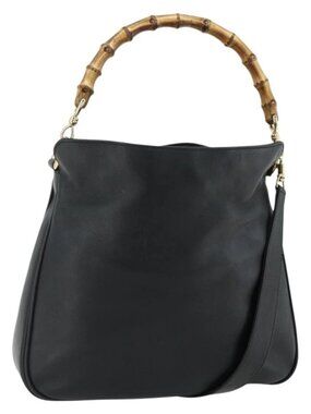 GUCCI Bamboo Shoulder Bag Leather 2way Black Gold 001 3444 1638 Auth bs34925